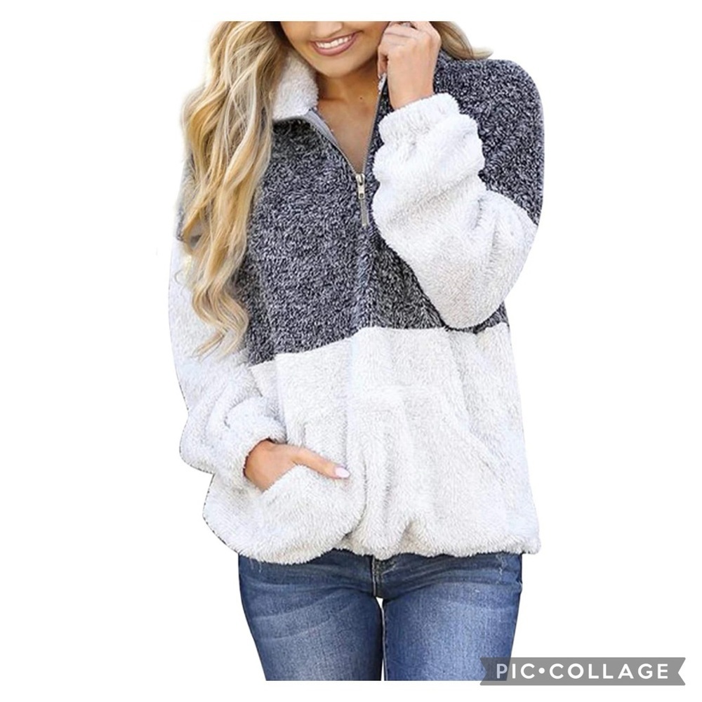 Merokeety Colorblock Charcoal & White Sherpa Quarter Zip Pullover Size Medium - Picture 3 of 13